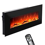 GLOW FIRE Elektrokamin mit Heizung und Kaminfeuer (Wandkamin) - elektrischer Kamin mit LED-Licht, Heizlüfter, Deko & Fernbedienung - zum Aufhängen an der Wand, max. 1500 W - Schwarz, 126 cm