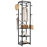 IBUYKE Garderobenständer, Freistehender Garderobenständer mit 3 Ablagen und 8 Haken, Industrieller Kleiderständer für Eingang, Flur, Schlafzimmer, 180 x 40 x 30 cm, Schwarz TMJ088B