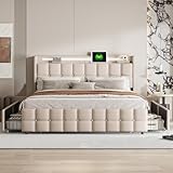 DULRLLY Bett 180x200 mit Stauraum Polsterbett Doppelbett mit 4 Schubladen und Kopfteil Stauraumbetten Jugendbett Funktionsbett 180x200 Bettgestell mit Lattenrost, Ohne Matratz,Linnen (Beige)