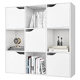 FirFurd Bücherregal, Regal weiß, Bücherschrank mit 5 Türen, Aufbewahrungsregal 9 Fächern, Büroregal für Wohnzimmer, Arbeitszimmer 90 x 29 x 90 cm