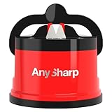 AnySharp Messerschärfer | Freihändige Sicherheit, PowerGrip Saugnapf | Sicheres Schärfen aller Küchenmesser | Ideal für gehärteten Stahl & Wellenschliff | Weltbeste Qualität | Kompakt | Rot