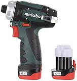 Metabo 600080500 Akku-Bohrschrauber klein PowerMaxx BS Basic 10,8V, 2x 2Ah Li-Ion Akkus, inklu. Ladegerät, im Koffer, max. Drehmoment: 17Nm (weich)/ 34Nm (hart)