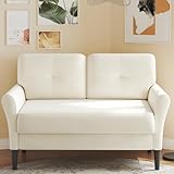 Kidirect 123CM Sofa, Kleine Couch fürs Schlafzimmer, Bequemer Couch mit 53CM extra tiefen Sitzen, 2-Sitzer-Sofa für kleine Räume, Wohnung, Werkzeugfreie Montage Minicouch, Beige-Weiße Samtcouch