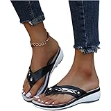 EXECAB Damen Orthopädische Zehentrenner Sandalen Damen Strass Flip-Flops Sommer PU-Leder Clip -Toe Pantoffeln Gummi Plateau Slippers Freizeit Strandschuhe,Schwarz,40