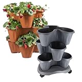 Pflanzturm Erdbeerturm Pflanzkübel auf Rollen Vertikaler Garten Kräuterspirale Säulentopf Set 3 Ebenen Kräutergarten Roller Blumentopf stapelbar (Grau)