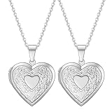 Liitata 2 Stück Öffnen Medaillon Halskette Foto Bilder Herz Halskette Edelstahl Blumen Muster Herzanhänger Amulett für Mutter Freundinnen Mädchen Geburtstags Geschenk Souvenir - Silber