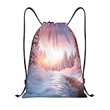 OPSREY Rucksack mit Kordelzug, Motiv: Pinien und Schnee unter dem bunten Schaumstoffdruck, wasserdicht, für Reisen, Fitnessstudio, Schwarz , M