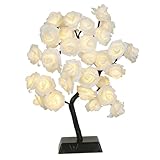 FIXOSHEE Romantische LED Rosenbaum Tischlampe Weiß mit Warmweißen Blüten Batterielos Stilvolle Nachttischlampe für Schlafzimmer und Wohnzimmer Dekorative Beleuchtung für Gemütliche