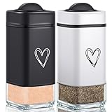Salz- und Pfefferstreuer-Set mit verstellbaren Ausgießlöchern, niedliches Herzmuster, Salzstreuer mit transparentem Glasboden, nachfüllbarer Salzstreuer, perfekt für Küchenhelfer, Kochtisch (schwarz +