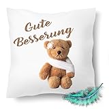 Print Deluxe Kissen Gute Besserung Teddybär verletzt, Krankengeschenk, Krankenkissen| Kuschelkissen| Fotokissen | Motivkissen | Kissenhülle +Füllung | 40x40cm (mit Kissenfüllung)