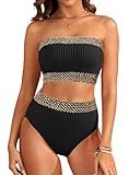 Daci Zweiteiliges Damen-Bikini-Set – trägerloses Bandeau-Bikinioberteil mit hoher Taille, Badeanzüge, Schwarz / goldfarben, XX-Large