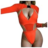 Festival Outfit Damen Sexy Dessous Curvy Badeanzug Jumpsuit Langarm Crop Tops Mit Schnalle Techno Party Dance Body Top Set Rot M
