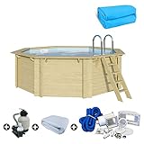 Holzpool Komplett-Set Achteck Schwimmbecken - Inkl. Massivholz Treppe Edelstahl Einbauleiter Filteranlage und Pumpe Poolvlies Innenhülle Breitmaulskimmer Trend Pool (4,70 x 4,70 x 1,24 m, Blau)