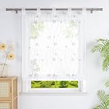 Heichkell Raffrollo mit Schlaufen Leinenoptik Gardine Transparente Raffgardine Modern Stickerei Kreis Schwarz BxH 120x140 cm