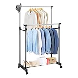 AllRight Kleiderständer auf Rollen Garderobenständer Kleiderwagen Höhenverstellbar Kleiderstange 92-156cm Rollgarderobe mit Schuhablage Schwarz