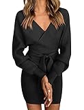 heekpek Strickkleid Damen Winter Minikleid Strick Sexy V-Ausschnitt Warm Langarm Minikleid Eng Strick Tunika Stretch Bequem Strickkleider Damen mit Gürtel, Schwarz, L