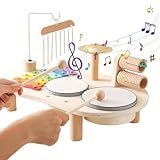 Gohemsun Musikalisches Schlagzeug-Set aus Holz, Kinder-Schlagzeug - Montessori pädagogisches 7-in-1-sensorisches Musikspielzeug aus Holz,Musikalisches Tischspielset aus Holz mit Windspiel für Kinder