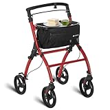 Juskys Aluminium Wohnungsrollator Aktiv mit Transporttasche & Tablett - Indoor Rollator schmal, leicht & faltbar - Gehhilfe für Senioren - Rot