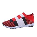 Woaikeyu Flache Slip-On-Sneaker für Damen, Farbblock, Laufschuhe, atmungsaktiv, lässig, Sportschuhe, modisch, Fitness, Sneakers, rot, 37 EU