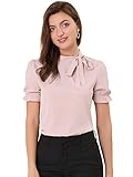 Allegra K Damen Bluse mit Schleife Schluppenbluse Festliche Blusen Kurzarm Panel Fliege Hals Rüschen Elegant Top Rosa XXL