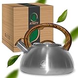 ATNITY Wasserkessel 2,3L - Stilvoller Flötenkessel aus Edelstahl für Elektroherd und Gasherd - Teekesssel mit Holzoptik Griff - Eleganz und Funktionalität in einem