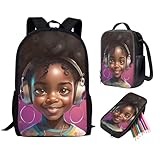 Uourmeti Kinder-Rucksack mit Lunchbox, Federmäppchen-Set, niedliche Büchertaschen für Jungen und Mädchen, Afrikanische Mädchen spielen Musik, Einheitsgröße, Daypack Rucksäcke