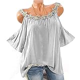 Bastwahl Damen blusen, Damen Elegante Schulterfreies Oberteile - Weich Bequem Kurzarm T-Shirt mit Blumen Shirt Großes Top Casual Fashion Einfarbig Schick Bluse Leicht Und Luftig Grau S