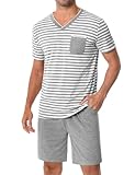 Leversic Schlafanzug Herren Kurz aus Baumwolle mit Kontraststreifen Design, Sommer Pyjama Set Oberteile und Kurze Hosen, Vater und Partner, 206-Grau, L