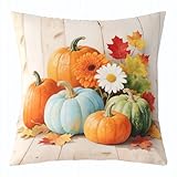 Homewish Kürbis Kissenbezug 55x55cm Ahornblatt Pflanzen Blumen Kissenhülle für Kinder Mädchen Jungen Jugendliche,Halloween Herbst Kissenbezüge Holzbrett Dekor Sofa Couch Waschbar Dekokissenbezug