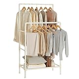 SONGMICS Kleiderständer, Garderobenständer aus Metall, mit 2 Kleiderstangen, 1 Ablage, bis 55 kg belastbar, einfache Montage, weiß RDR01WT