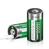 Palogreen 2 Typ D Wiederaufladbare Akku USB 1.5V/15000mWh - Lithium Aufladbare D Zelle Batterien mit 2-in-1 USB-C Ladekabel für geringe Selbstentladung Freundlich, Recycelbar und Kein Memory Effekt