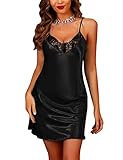 Marvmys Satin Nachthemd Damen Kurze Sexy Negligee mit Spitzen V-Ausschnitt Schlafshirt Nachtkleid Unterkleid für Frauen A-Schwarz S