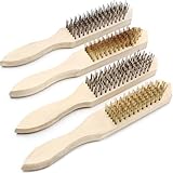 CONNECTION Drahtbürste,Messing-Drahtbürste mit Holzgriff Drahtbürsten Set 4 Stück Edelstahl-Handdrahtbürste Stahlbürste Messingbürste 13/15-reihig für Sauberen Rost Schmutz Metallbürste Wire Brush