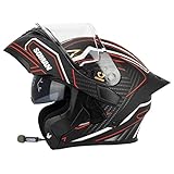 Bluetooth Full Face Motorradhelm Modular Flip Up Motorrad Street Helm DOT ECE Zugelassen Für Erwachsene Männer Frauen Mit Doppelvisier, Moped Street Bike Racing Helm,Black red,S