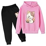 Lustige Katze Grafik Jogginganzug Kinder Herbst Winter Hausanzug Zweiteiler Outfit 2 Teilig Jogger Streatwear Trainingsanzug mit Hoodie und Jogginghose Jungen Mädchen Freizeitanzug Tracksuit Set