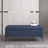 Moderne Massivholz-Bank mit Stauraum, blaues Leder, gepolstertes Ende der Betttruhe, stilvolle Schlafzimmerbank, vielseitig, 100 x 40 x 45 cm, für Eingangsbereich und Wohnzimmer