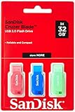 SanDisk 32GB Cruzer Blade USB Flash Drive , Blue/Pink/Green, 3count(Pack of 1)