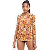 Rashguard für Damen, langärmelig, Strand-Shirts, Sonnenschutz, Surf-Schwimm-Top zum Wandern, Surfen, Angeln, Retro Hippie Flowers-1, L