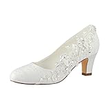 Emily Bridal Brautschuhe Frauen Seide wie Satin Stämmiger Absatz Absatzschuhe mit Stich Spitzen Blume Kristall Perle (EU39, Ivory)