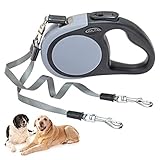 KOOLTAIL Dual einziehbare Hundeleine für Zwei Hunde bis 110 Lbs, Heavy Duty Doppelkopf 16 ft Ausziehbare 360° Verwicklungsfreie EIN-Knopf-Verriegelung Bremse Hundeleine für kleine mittlere Grau