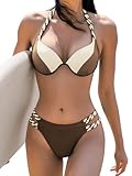 GORGLITTER Push Up Bikini Damen Set Neckholder Bikini Mit Bügel Cut Out Bikini Mit Farbblock Zweiteiliger Badeanzug Braun M