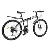 unkonwcy Mountainbike Scheibenbremse Fully MTB Erwachsene Faltrad Klappfahrrad Damenfahrrad Klappbar HerrenfahrräDer Hochfester Stahlrahmen Mit Schutzblech Unisex 21 Gang-Schaltungfahrrad 26 Zoll