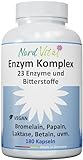 Enzym Komplex mit 23 aktiven Inhaltsstoffen - 180 magensaftresistente Kapseln - Enzyme und Bitterstoffe - Bromelain, Papain, Amylase, Lipase, Protease, Laktase, Betain HCL, Ingwer, Curcuma... - Vegan