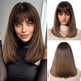 OUFEI Ombre Braun Bob Perücke mit Pony Kurze Gerade Perücke für Frauen Synthetisches Haar Perücken für Tägliche Party Cosplay Tragen