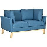 HOMCOM 2-Sitzer Sofa Doppelsofa in Leinenoptik, Zweisitzer mit Kissen, Loveseat mit Holzbeinen für Wohnzimmer, Schlafzimmer, bis 150 kg, Blau, 137 x 78 x 78 cm