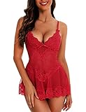 RSLOVE Babydoll Dessous für Frauen Spitze Chemise Sexy Nachtwäsche Kleid Rot Medium