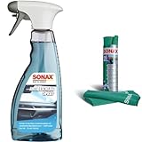 SONAX AntiBeschlagSpray 500 ml Antibeschlag-Schutz für alle Glasscheiben und Kunststoffscheiben & MicrofaserTücher PLUS Innen+Scheibe 2 Stück extrem fein ohne Streifen