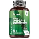 Omega 3 Vegan - 90 Weich-Kapseln - 2000mg Omega 3 Algenöl liefern 600mg DHA & 300mg EPA pro Portion - EPA & DHA tragen zur normalen Herzfunktion bei (EFSA) - Alternative zu Fischöl - WeightWorld