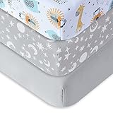 Bimocosy Spannbettlaken Spannbetttücher Laken für Babybetten Kinderbett 70x140cm, 100% Mikrofaser,Oeko-TEX Standard 100 Zertifiziert,3er Pack,Grau,Sternhimmel,Tier