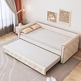 okwish Kinderbett 90x200 cm, ausziehbares Schlafsofa, strapazierfähiges Leinenpolsterbett, Jugendbett, Gästebett, Beige